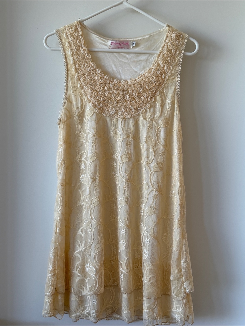 Pretty Angel Fashion Cream Lace Floral Yoke Sleeveless Dress
